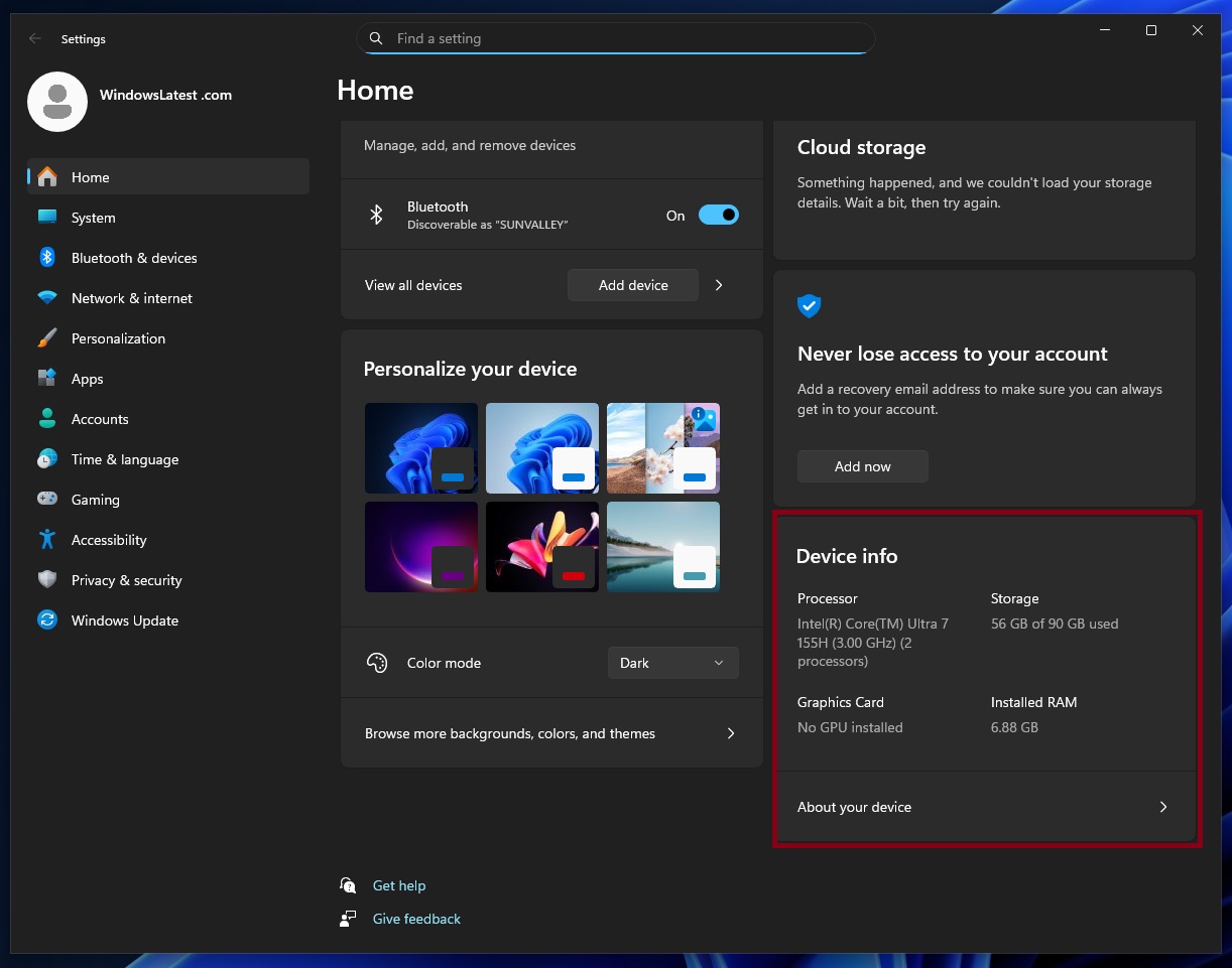 Windows 11 Device Card in Settings app
