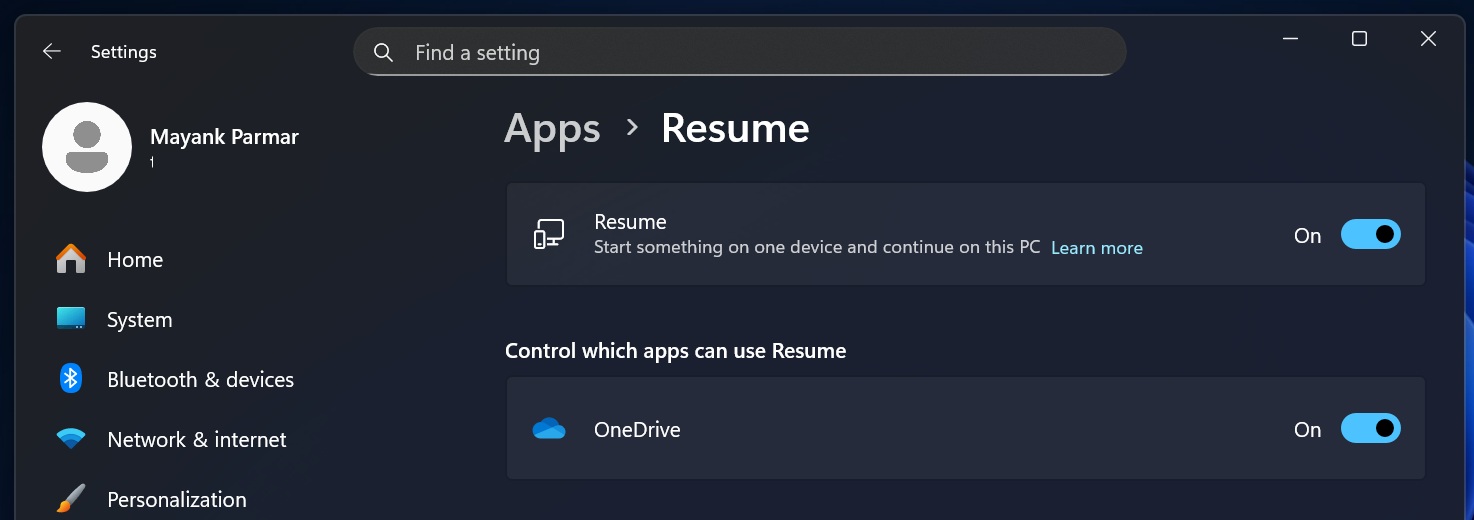 Windows 11 Resume in Settings