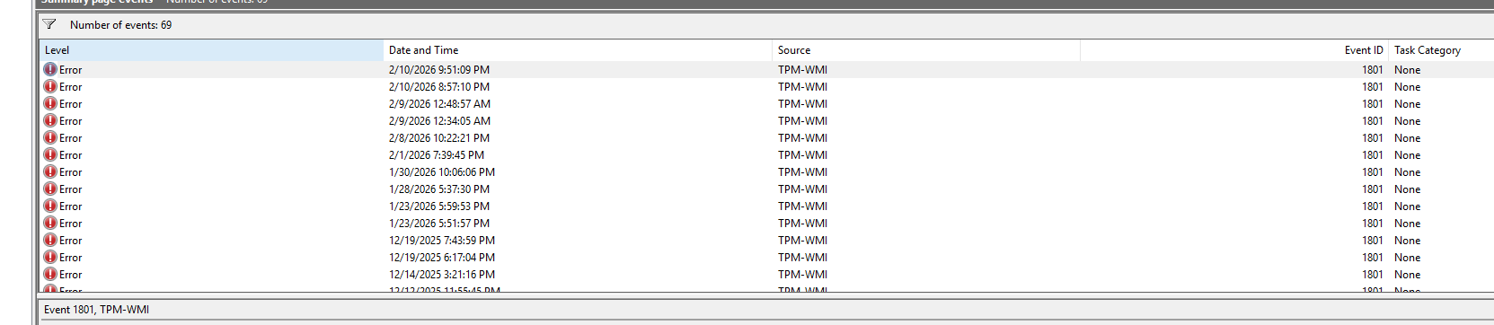 Windows Event Viewer showing Event ID 1801 errors