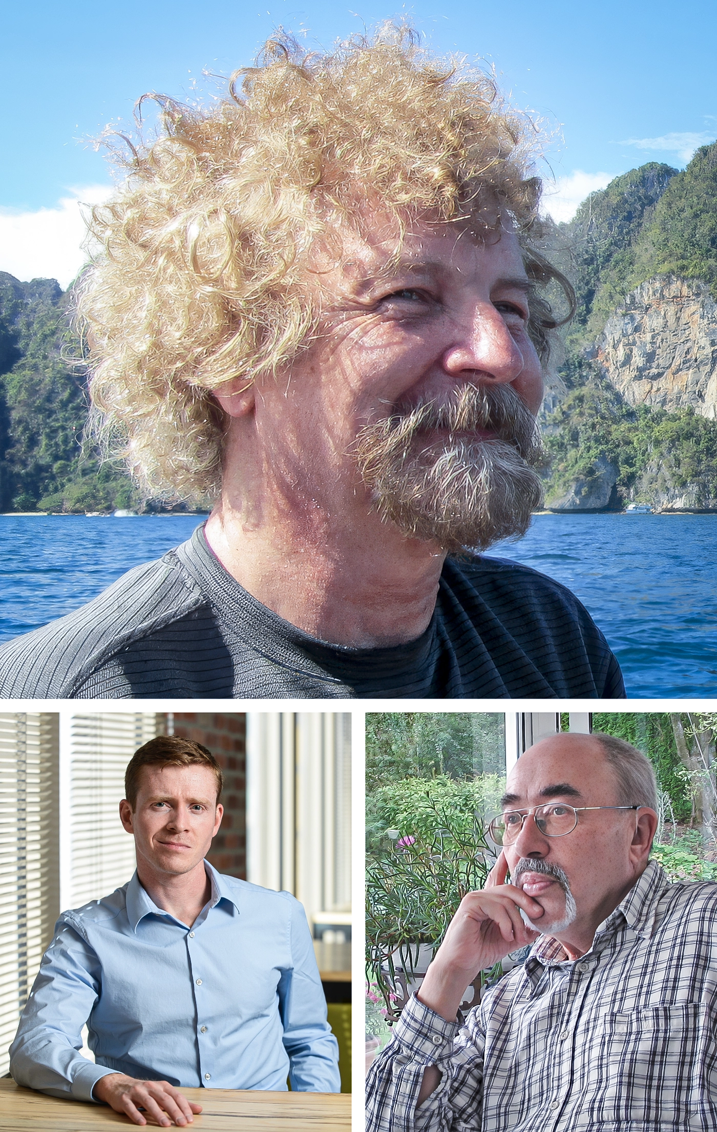 A triptych of portraits of physicists.