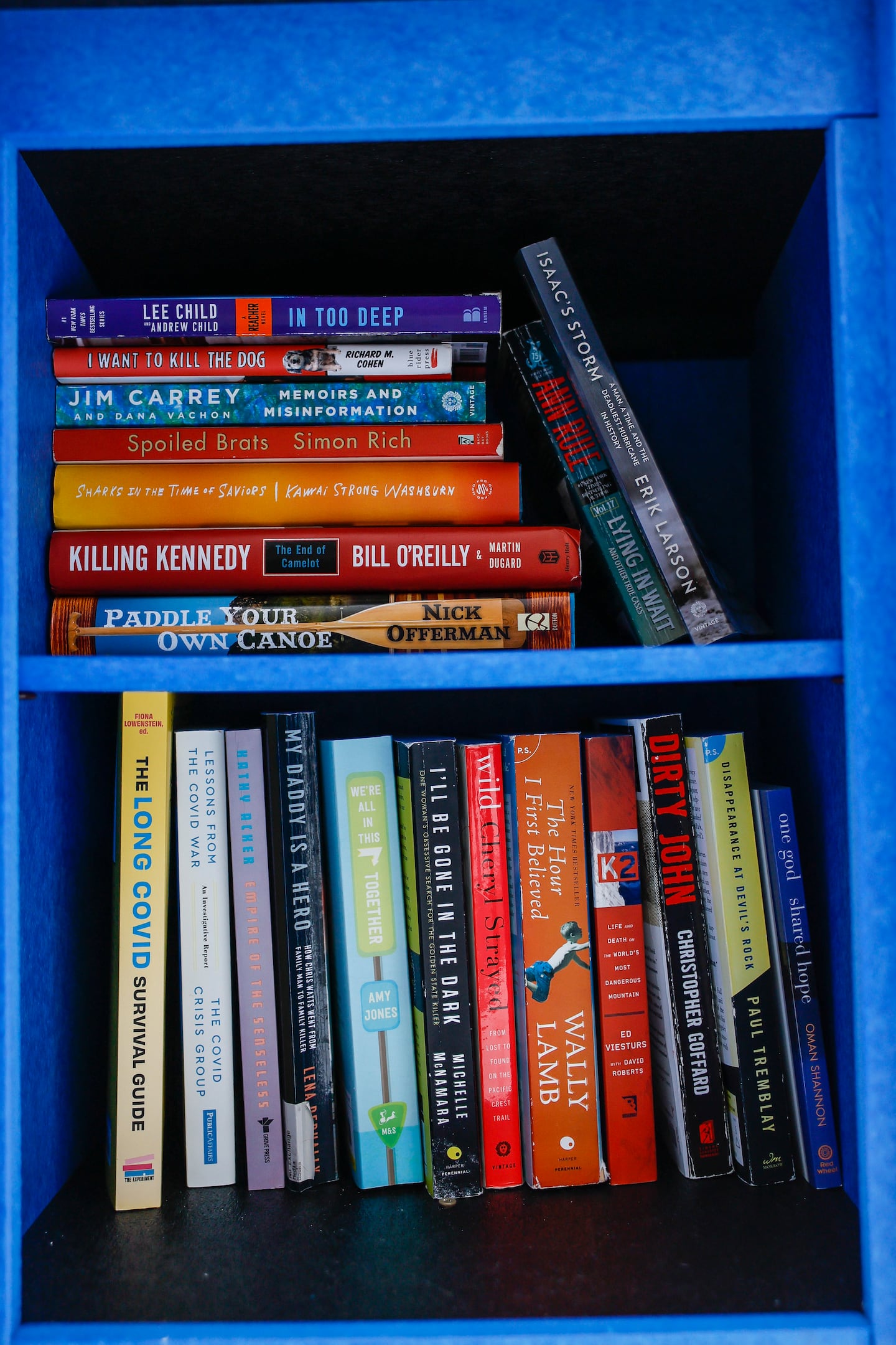 Books, including titles on long covid, fill a Little Free Library outside the Crausman family’s home. Crausman asked her father to install the library, and she helps keep it stocked with literature about long covid to raise awareness and share resources with others.