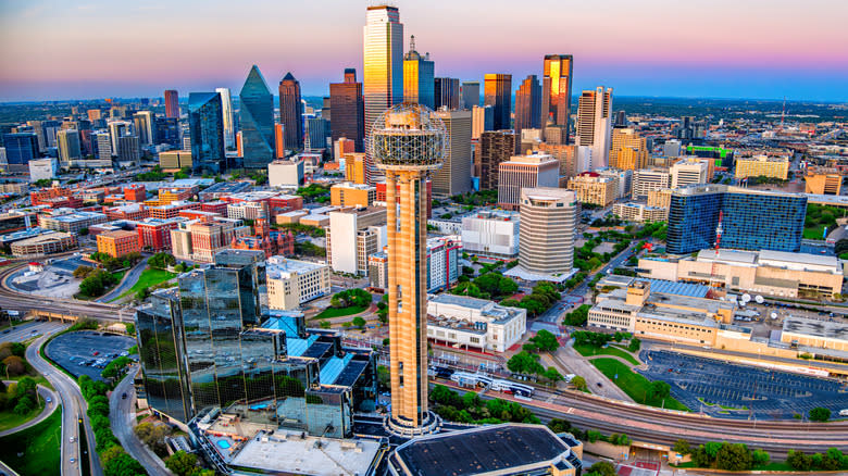 Aerial photograph of Dallas, Texas with Reunion Tower and the city skyline beyond it