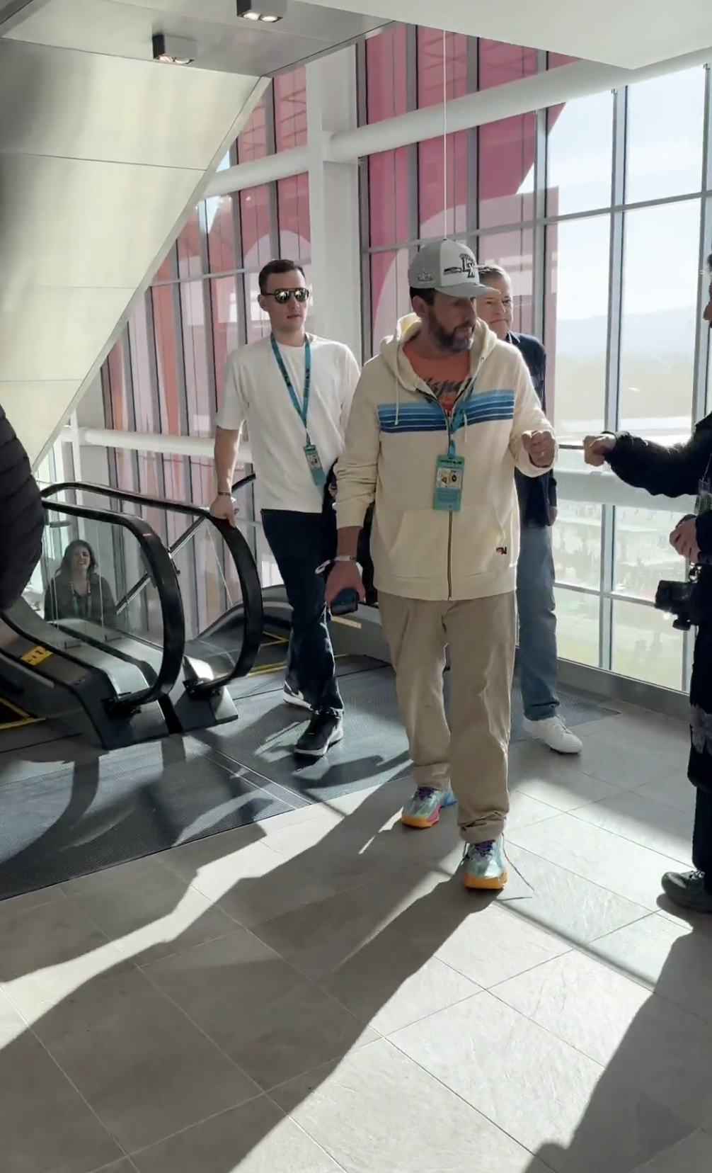 Adam Sandler arrives for the Super Bowl at Levi's Stadium in San Francisco.
