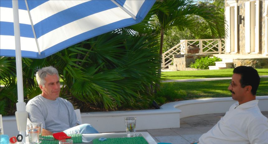 Epstein (left) and Sulayem (right), shown in an unknown location, appeared to discuss visits to Epstein’s Caribbean island, where survivors repeatedly testified Epstein sexually abused them.