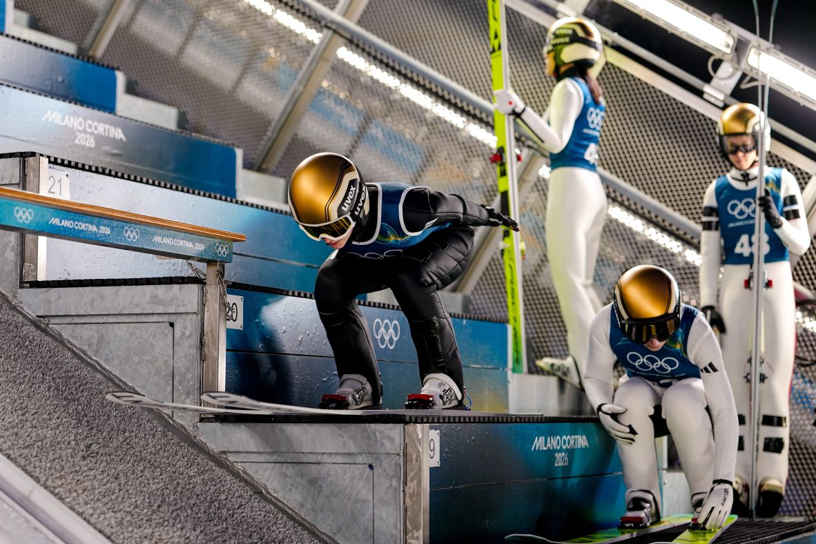 German ski jumper Selina Freitag rehearses a jump while attending a training session on February 5.