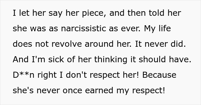 Text excerpt showing a woman expressing anger towards her brother for meddling in her parenting and disrespecting her.