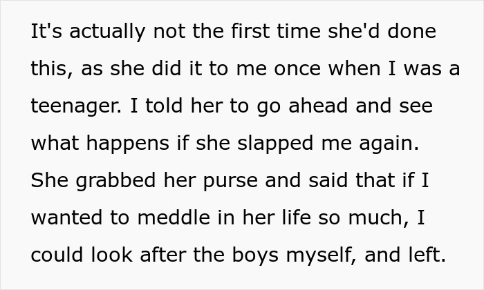 Text excerpt showing a woman upset with her brother for meddling in her parenting when her kids called him for help.