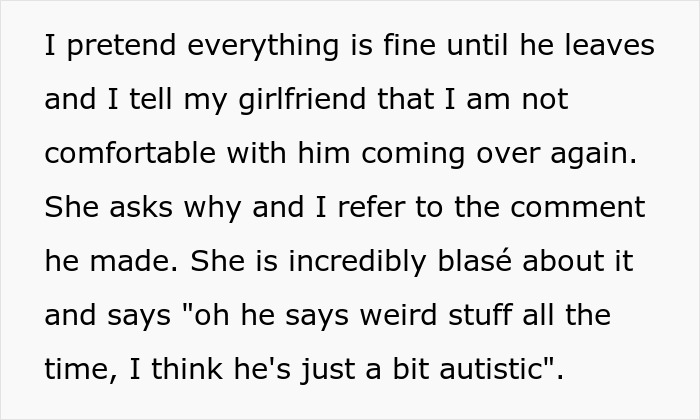 Text excerpt discussing discomfort with a friend's behavior and mentioning the phrase just a bit autistic. Text excerpt discussing discomfort with a friend's behavior and mentioning the phrase just a bit autistic.
