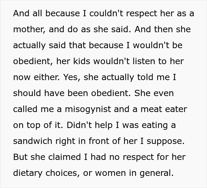Text excerpt showing a woman’s confrontation with her brother about parenting and respect issues causing family conflict.
