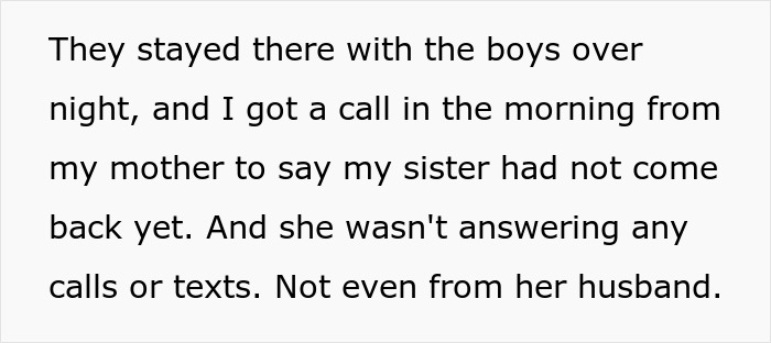 Text excerpt showing a woman upset as her kids call brother for help, highlighting parenting and family conflict.