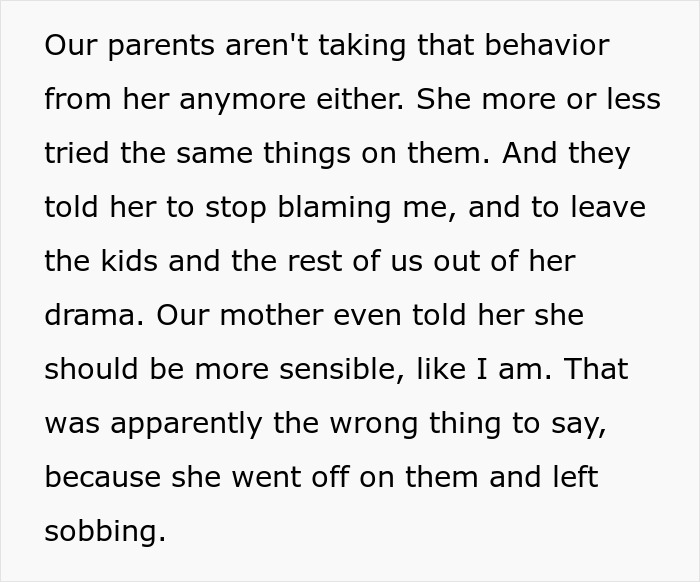 Text excerpt describing family conflict as woman goes berserk on brother for meddling with her parenting after kids called him for help