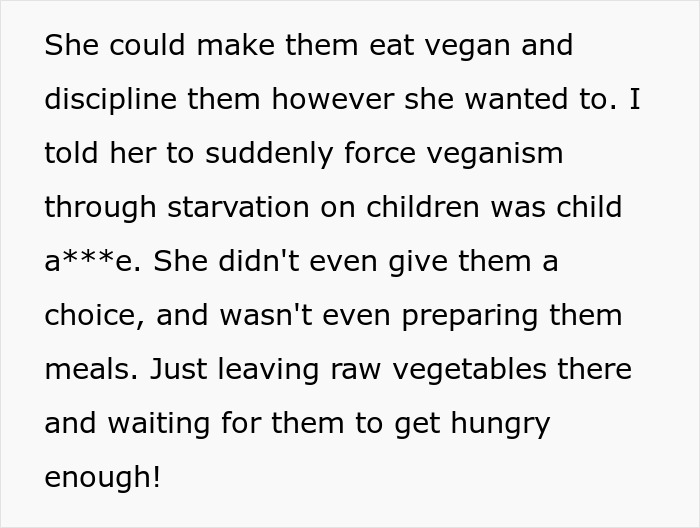 Text excerpt discussing a woman’s strict vegan parenting style and her brother’s criticism for meddling in her discipline choices.