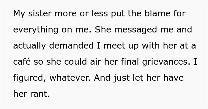 Text excerpt showing a woman’s message blaming her brother for meddling and demanding a meeting to air grievances.