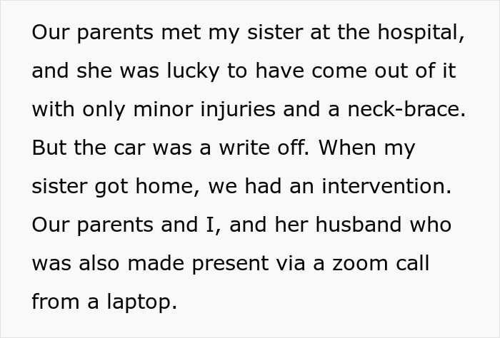 Text about parents meeting sister at hospital after car accident, discussing intervention with family on Zoom call.