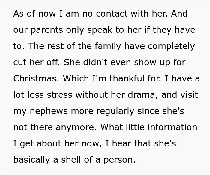 Text description of a family conflict, highlighting a woman’s drama causing a break in contact with her brother and relatives.