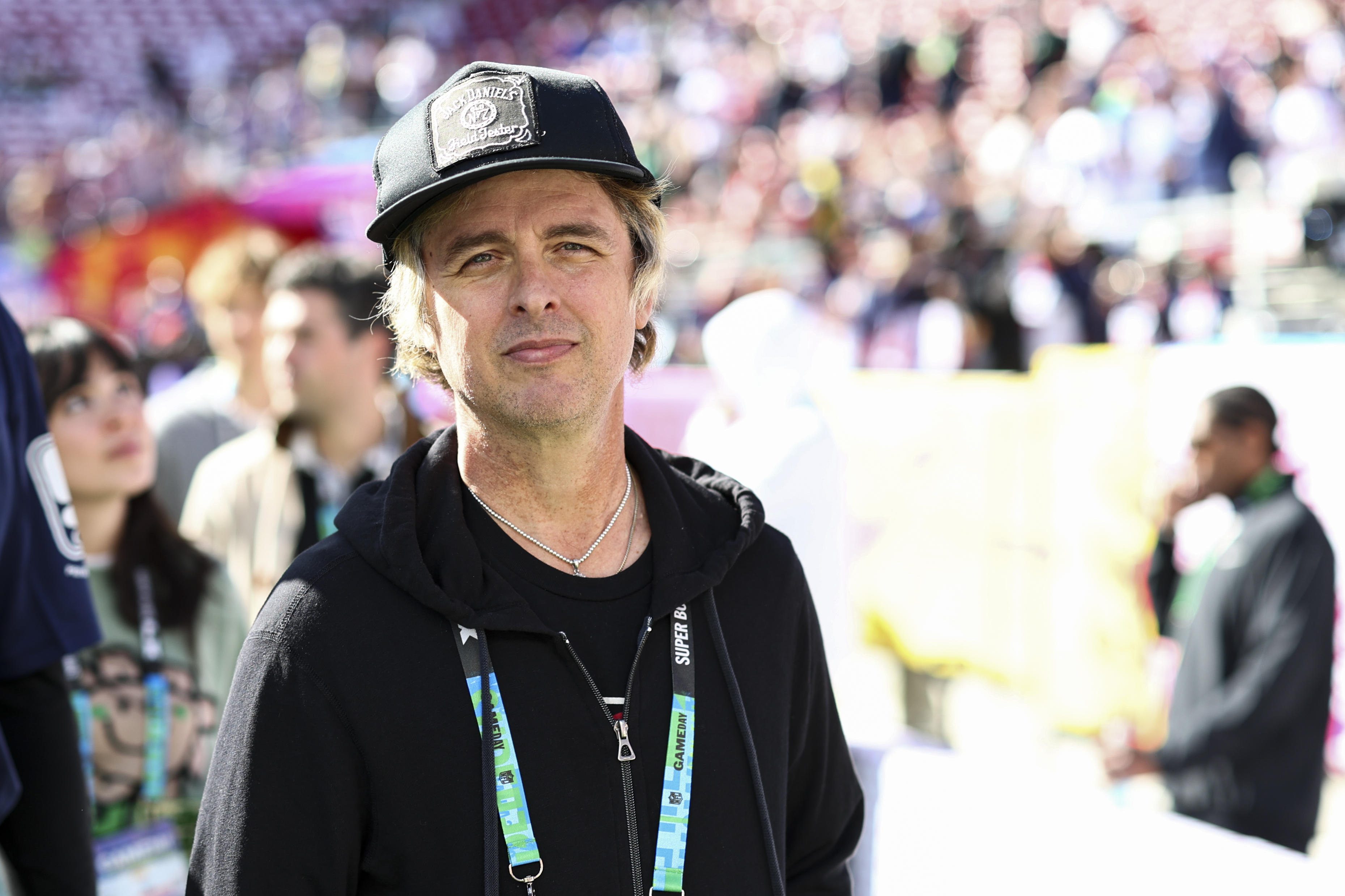 Billie Joe Armstrong on the field prior to Super Bowl LX between the New England Patriots and the Seattle Seahawks at Levi's Stadium on February 08, 2026 in Santa Clara, California.