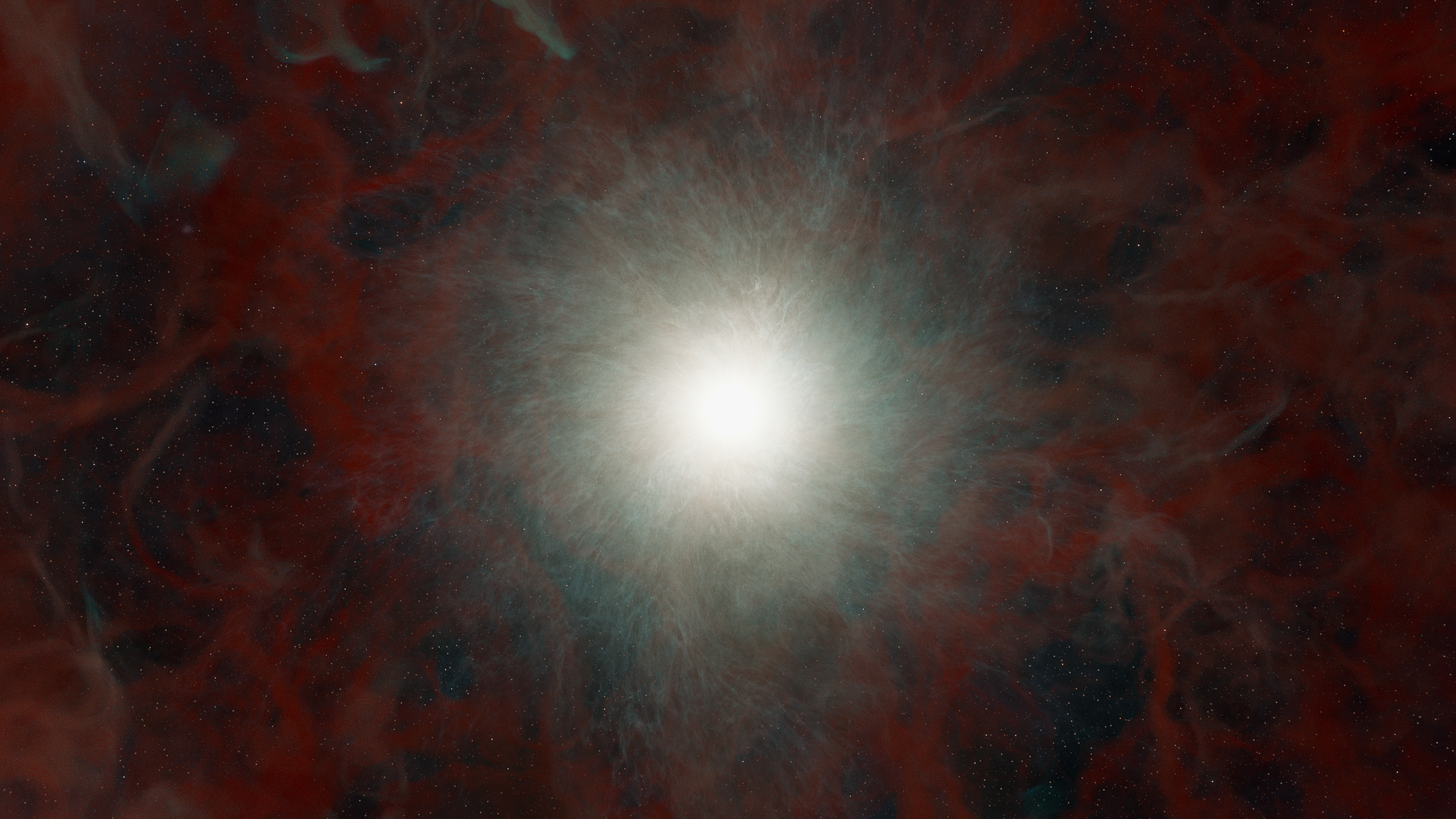 An illustration of a bright white glowing orb in space with reddish material around it.