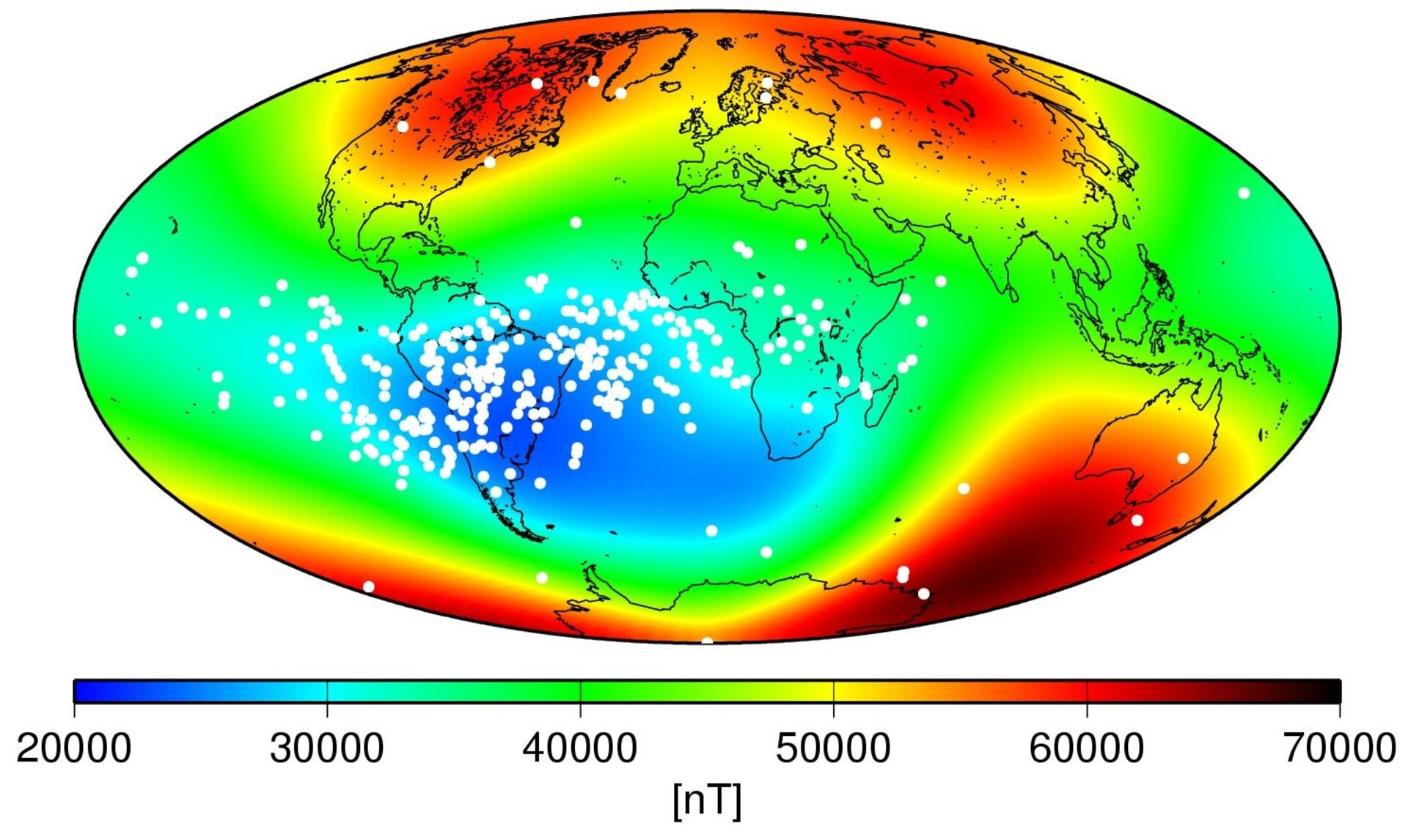 Global map of Earth&rsquo;s magnetic field strength, shown in color from blue (weakest) to red (strongest), highlighting the South Atlantic Anomaly as a large blue region over South America and the South Atlantic Ocean. White dots mark locations where the TOPEX/Poseidon satellite experienced radiation-related electronic disruptions while orbiting Earth.