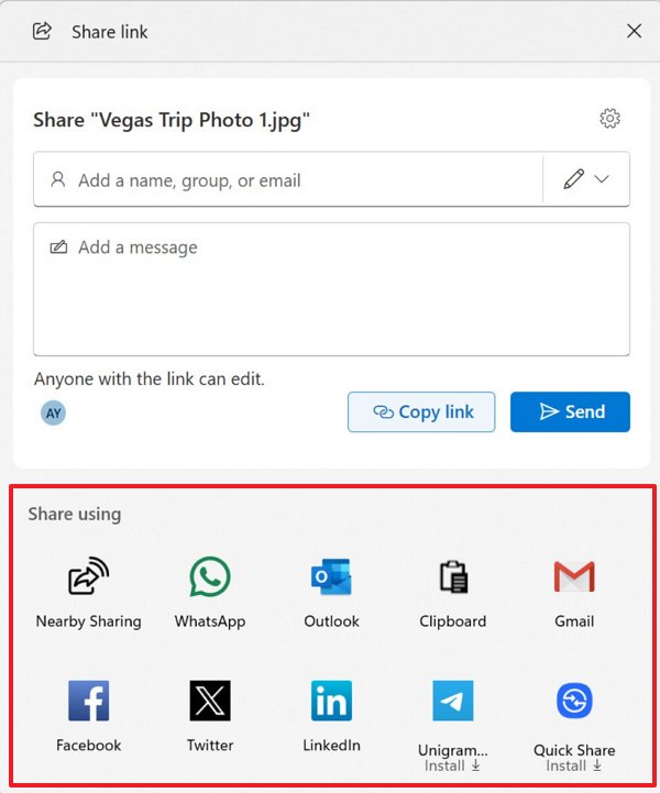 Share using app list for OneDrive file sharing