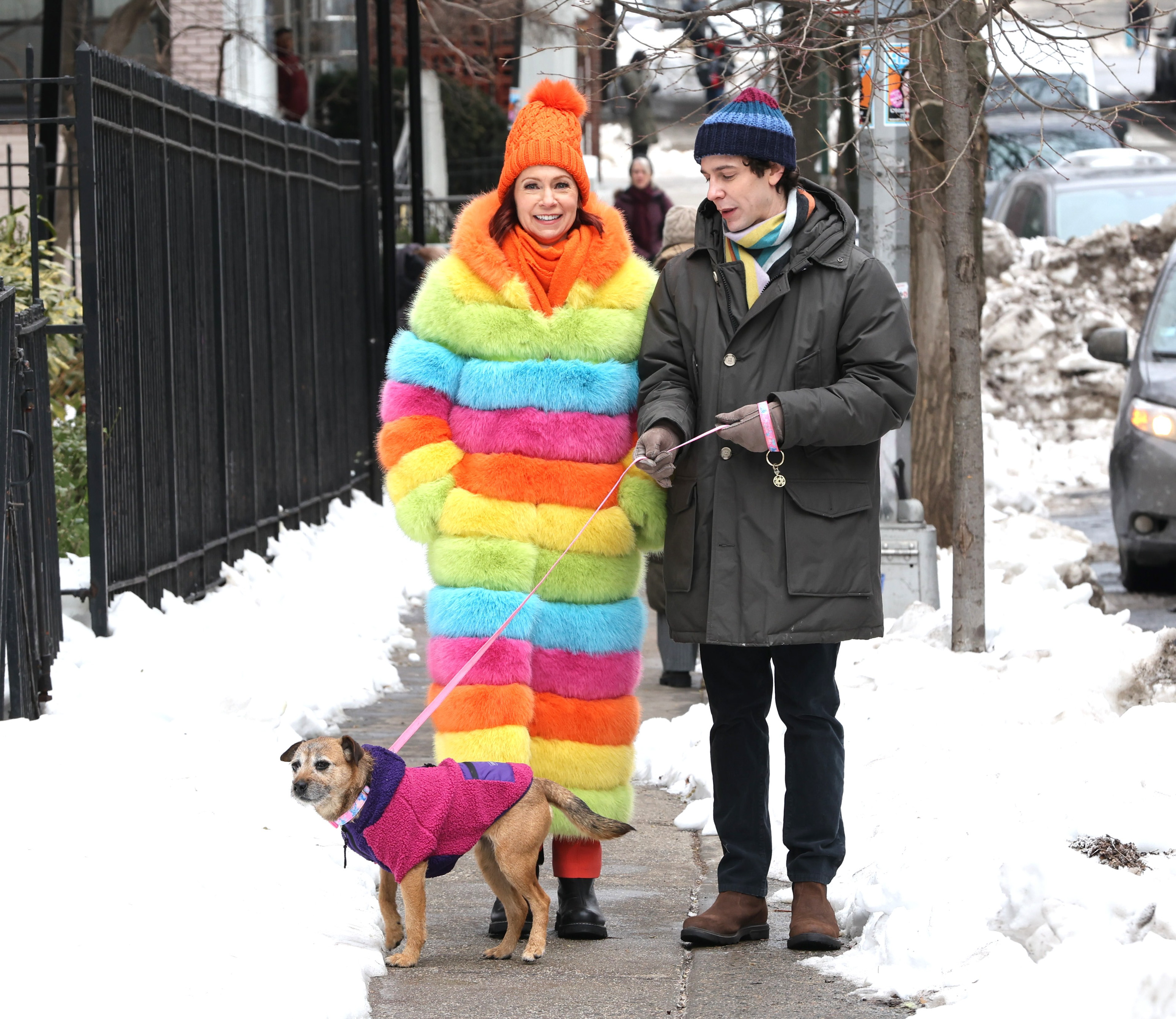 Carrie Preston and Ben Levi Ross are seen filming on the set of "Elsbeth" in Downtown Manhattan in NYC.