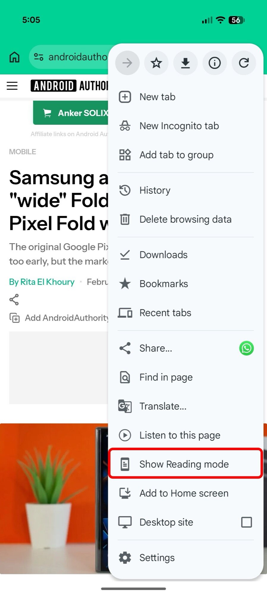 chrome android screenshot overflow show reading mode