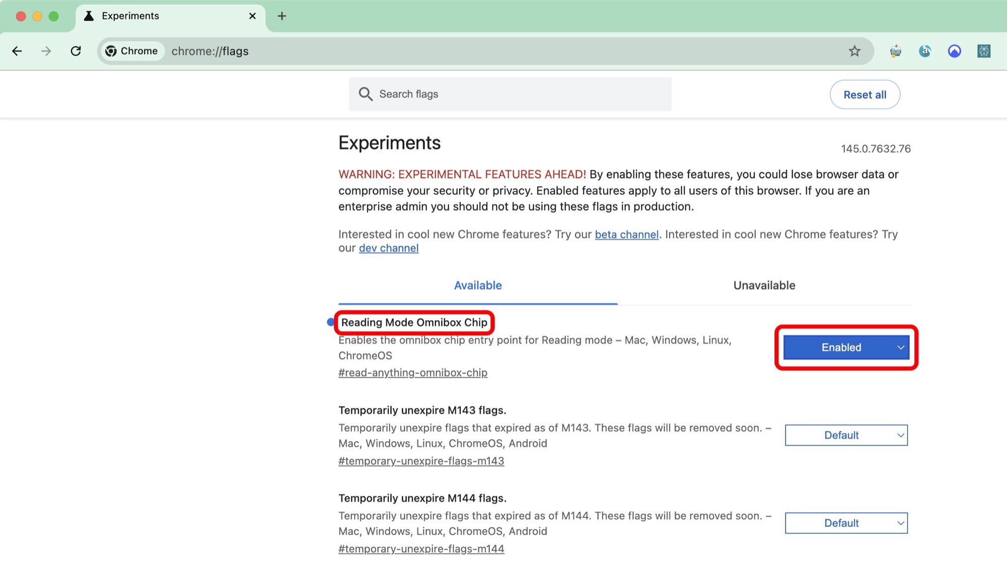 Chrome on Desktop screenshot flags for Reading Mode Omnibox