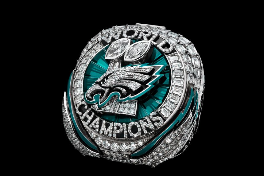 The Philadelphia Eagles received this ring for winning Super Bowl LIX in 2025. Rings have been made for every NFL champion since the first Super Bowl in 1967.
