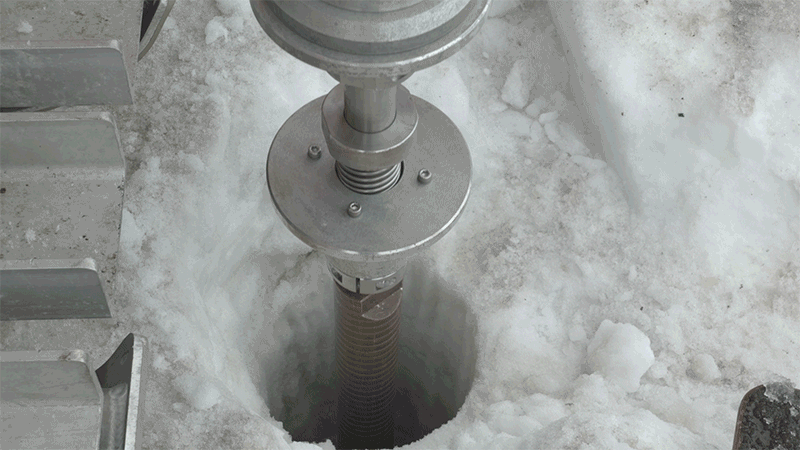 Animated sequence from footage of the camera descending down the 523m hole melted in the ice.