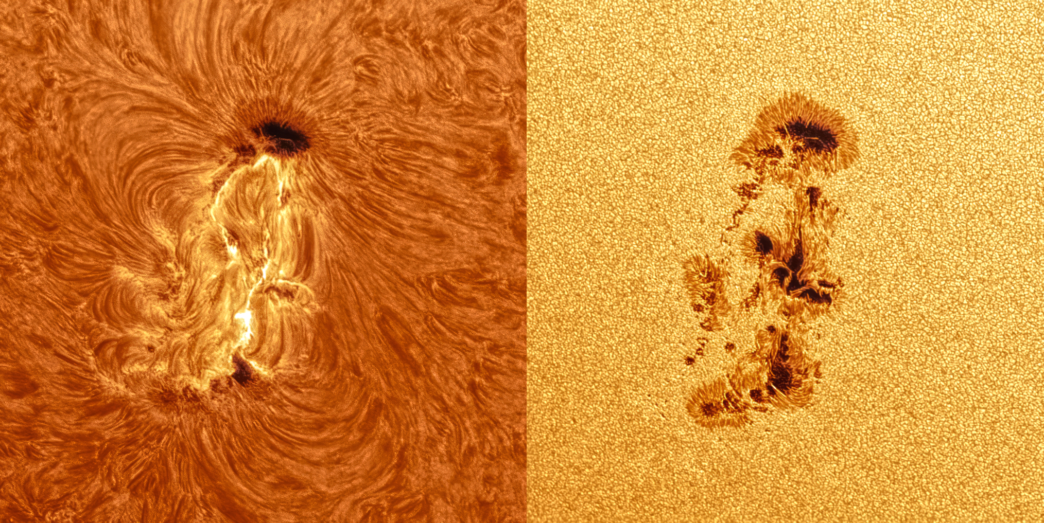 two panel image of close up view of the huge sunspot on the sun.