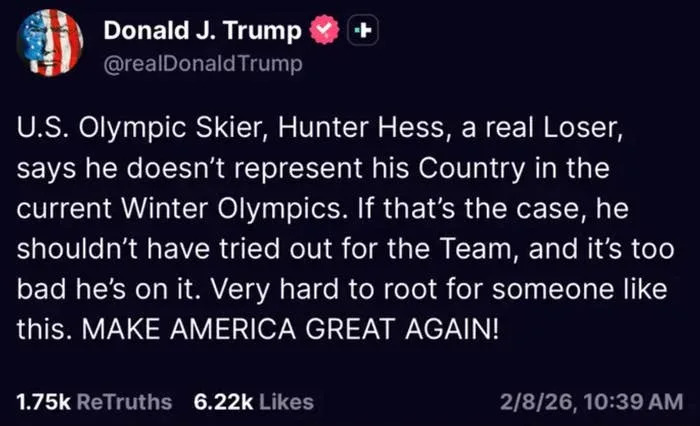 Tweet from Donald J. Trump criticizing U.S. Olympic skier Hunter Hess, calling him a "real loser."