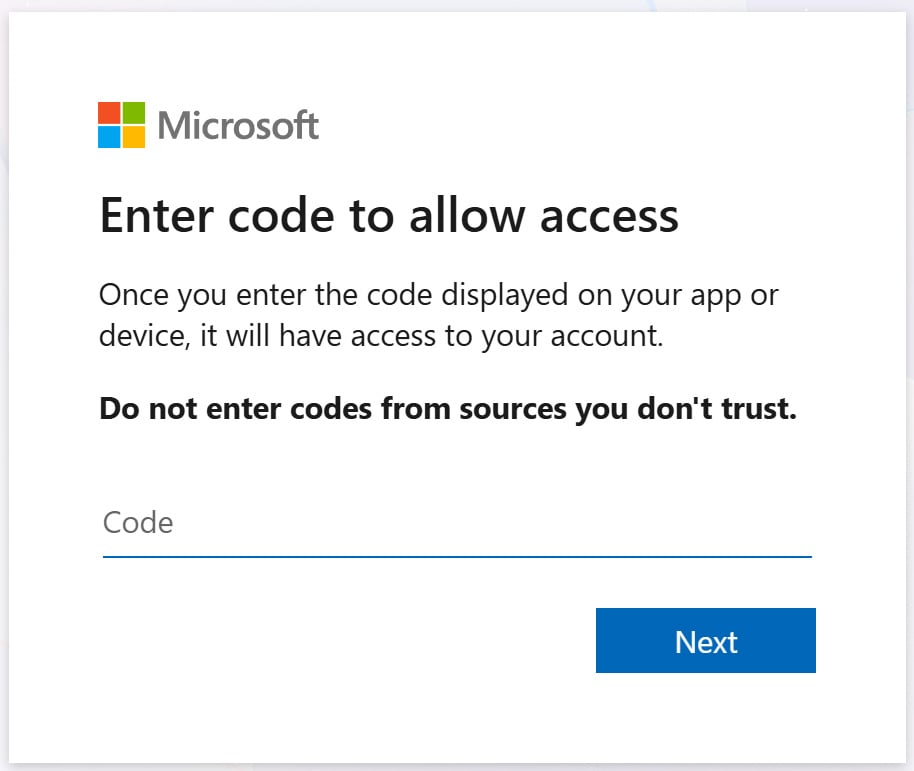 Microsoft's device authentication form