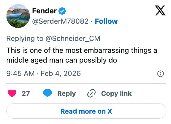 A social media post reads, "This is one of the most embarrassing things a middle aged man can possibly do," with engagement icons below