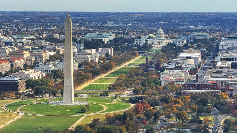 View of the National Mall Washington, D.C. with Washington Monument in the foreground, U.S. Capitol building in the background