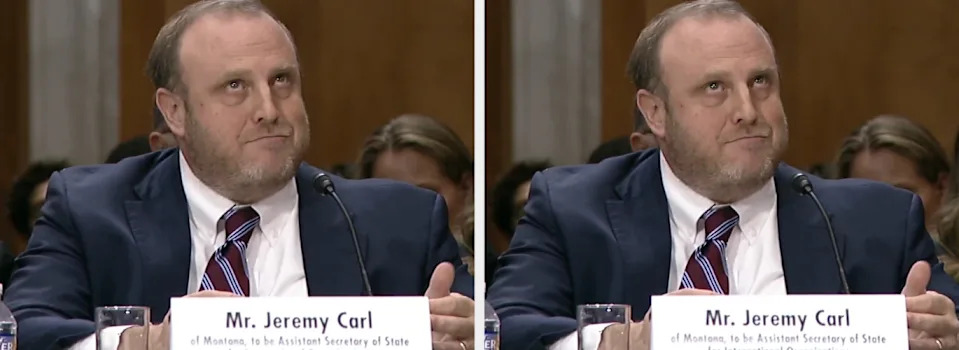 A man in a suit appears twice in a split image. Both instances show him sitting at a panel or hearing. A nameplate reads "Mr. Jeremy Carl."