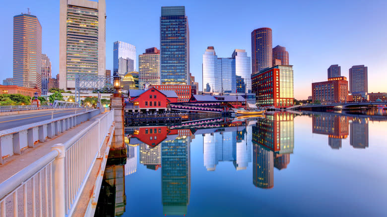 Boston skyline from the pedestrian rail of a bridge