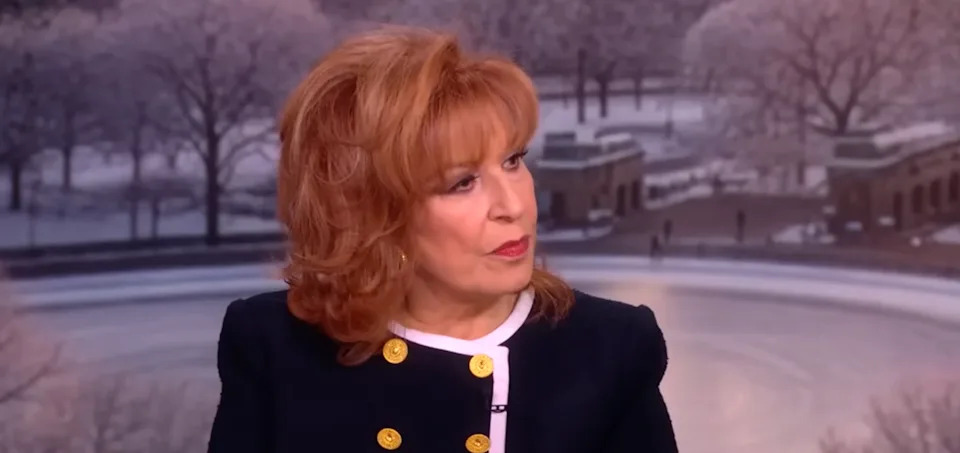 Person in formal attire with distinctive buttons, sitting in front of a winter landscape backdrop on a talk show set