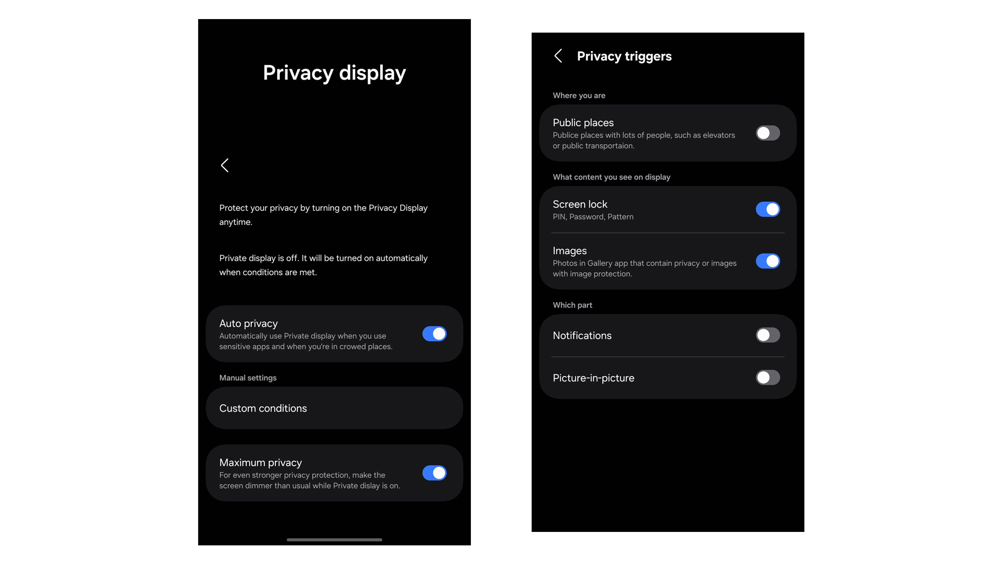 Two screenshots showing alleged settings for the Samsung Galaxy S26 Ultra's rumored Privacy Display feature
