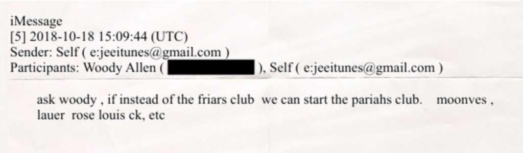 Screenshot of an email exchange dated October 18, 2018, showing a message from Jeffrey Epstein referencing starting a “pariahs club” instead of the Friars Club and listing the names of several men accused of sexual misconduct.