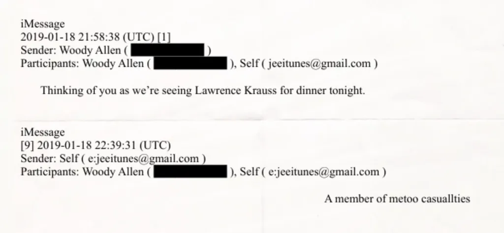 Screenshot of an email from Jeffrey Epstein to Woody Allen dated January 18, 2019, showing a message sent to Jeffrey Epstein that reads, “Thinking of you as we’re seeing Lawrence Krauss for dinner tonight,” followed by a reply referring to Krauss as “a member of metoo casualties.”