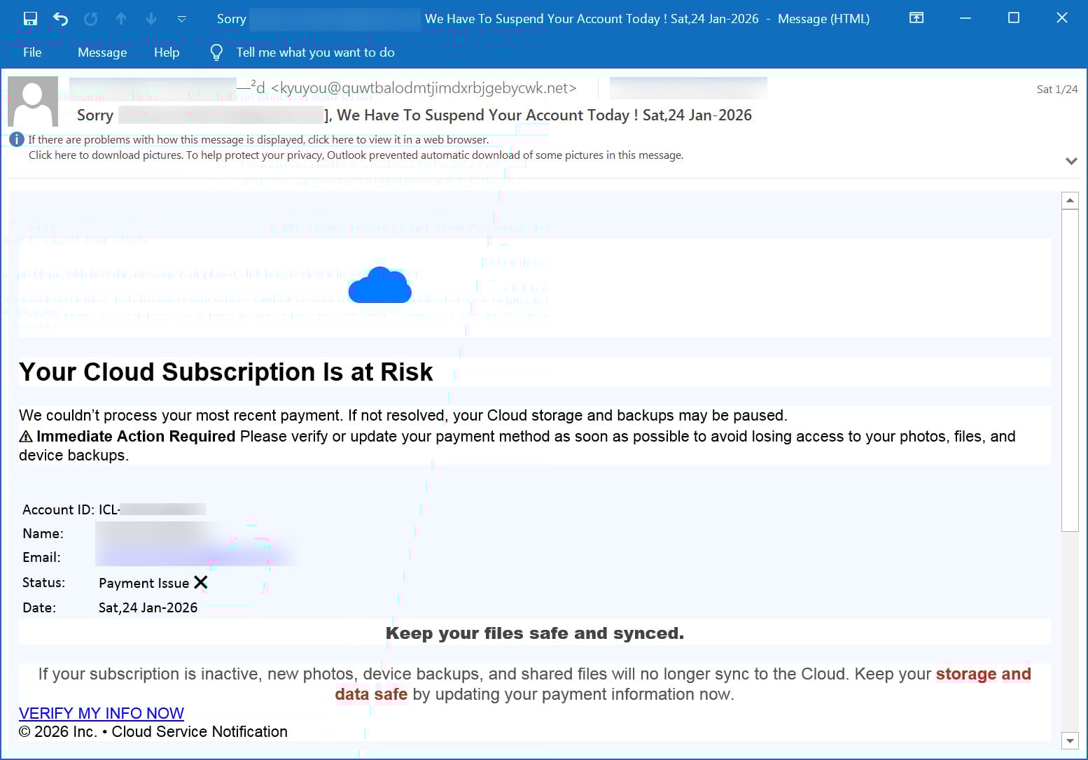 One of the many cloud storage lockout emails being sent worldwide
