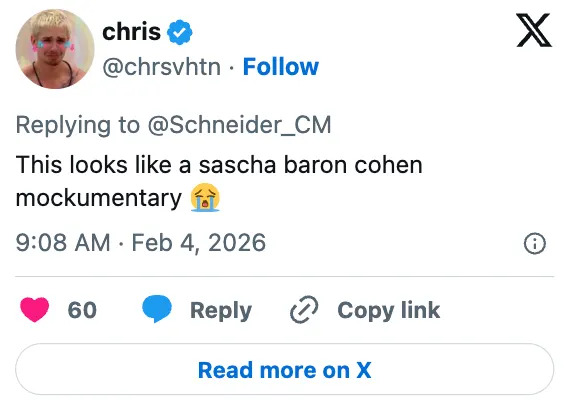 Tweet by user joking about something resembling a Sascha Baron Cohen mockumentary, with a tearful emoji
