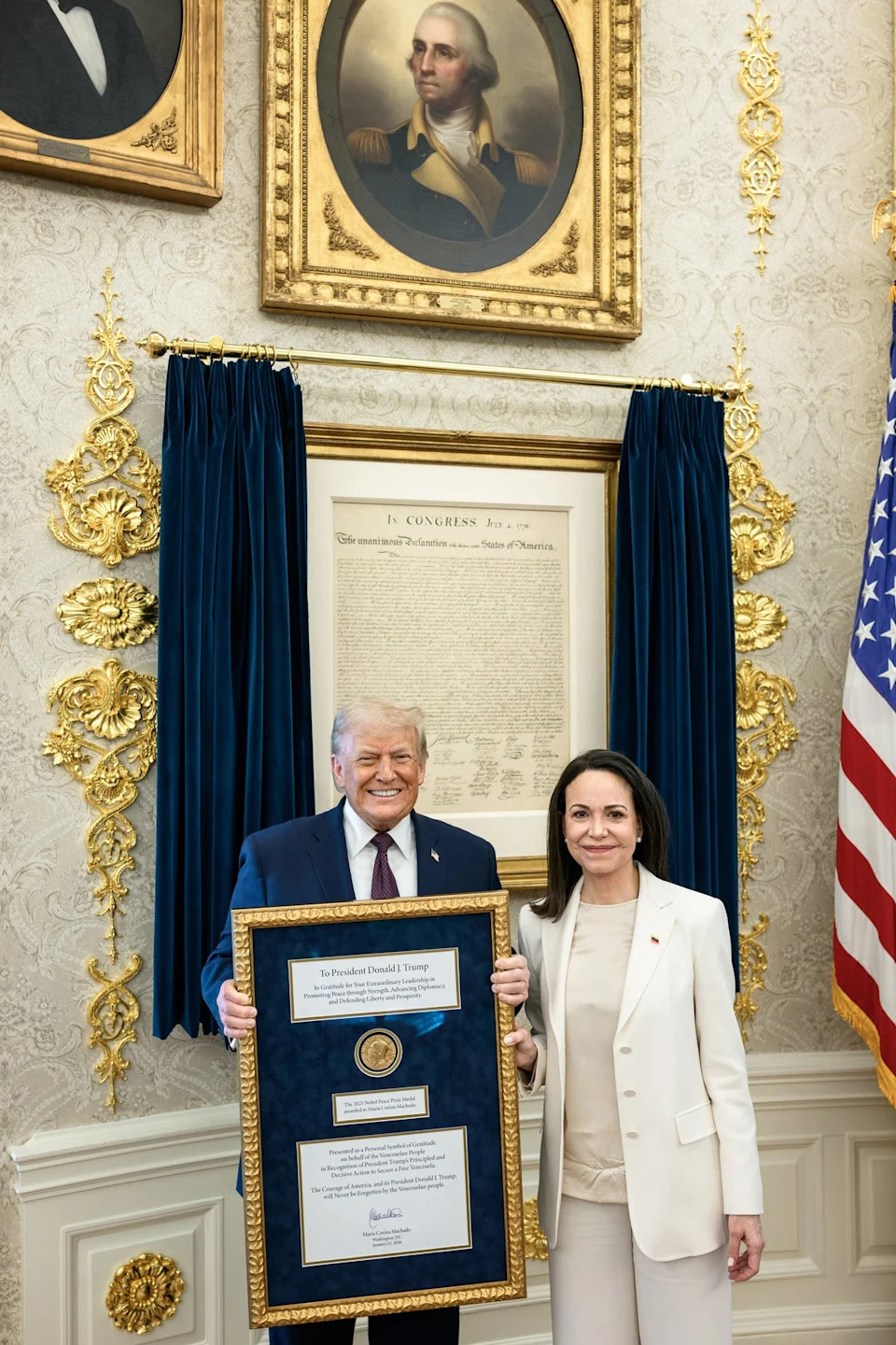 Machado gifted her Nobel Peace Prize, encased in a gold frame, to Trump at the White House last month (White House via Getty Images)
