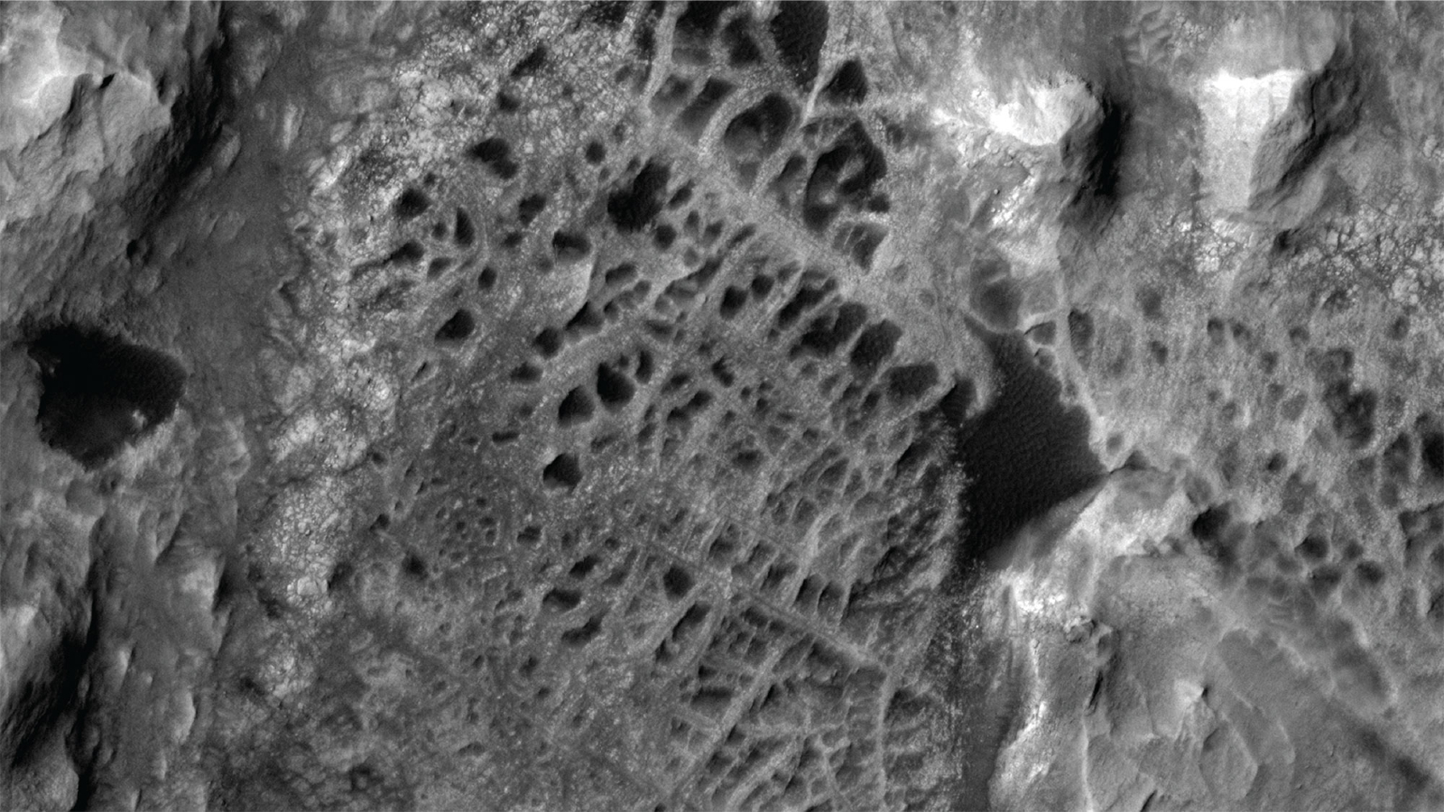 A black and white satellite image of spiderweb-like surface features on Mars