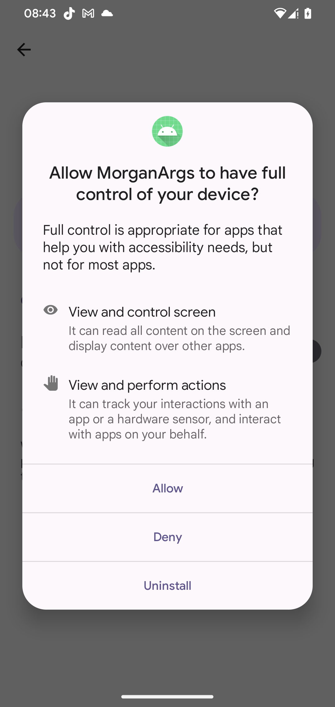 Figure 5. PromptSpy requests the victim to allow Accessibility services