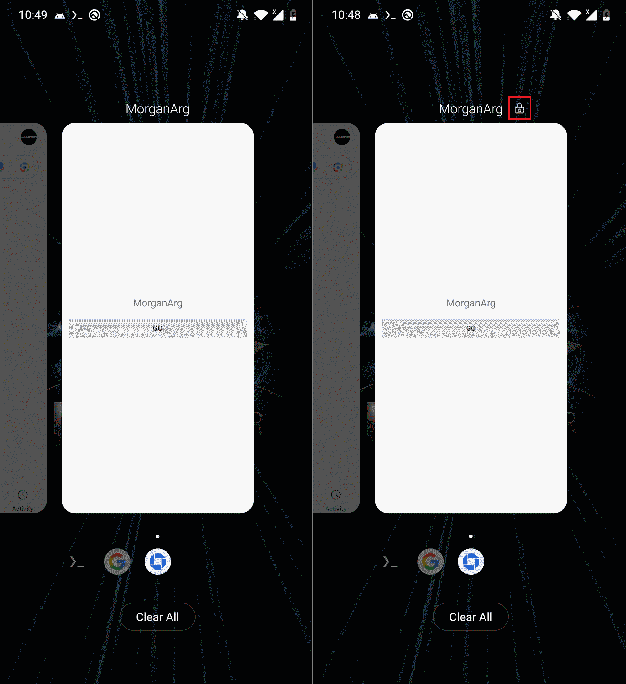 Figure 6. Not locked (left) and locked (right) MorganArg app in the list of recent apps