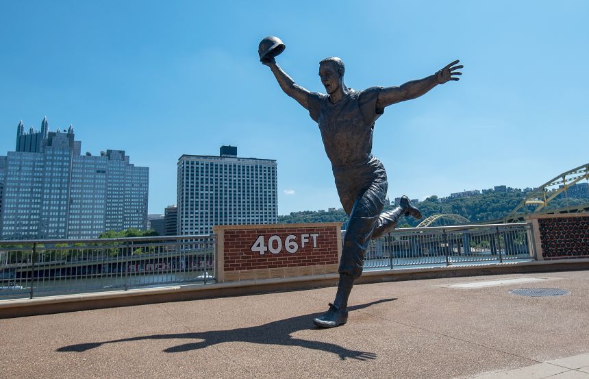 A statue of Pittsburgh Pirates legend Bill Mazeroski is seen before the exhibition game between the Pittsburgh Pirates and the Cleveland Indians at PNC Park on July 18, 2020, in Pittsburgh.