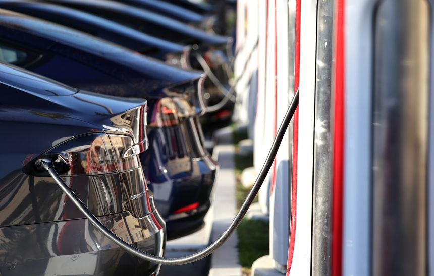 A Tesla Supercharger station on September 23, 2024, in Pasadena, California.