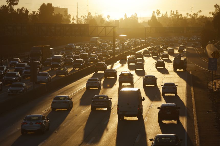 Traffic backs up on Interstate 405 in Los Angeles, California.