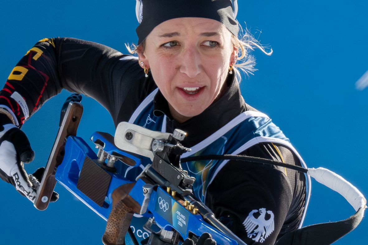 Germany's Franziska Preuss prepares to shoot during the women's biathlon 10km pursuit on February 15.
