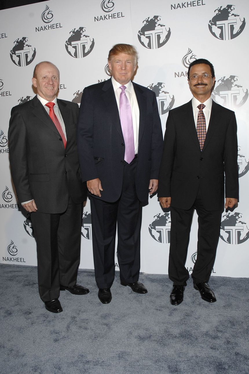 Bin Sulayem (right), US President Donald Trump (center) and real estate magnate Chris O'Donnell (left) are seen on August 23, 2008, in California. Epstein brokered ties with the global elite.